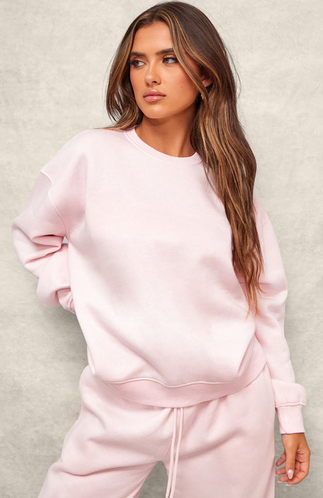 Oversized Embossed Sweatshirt Set - Baby Pink