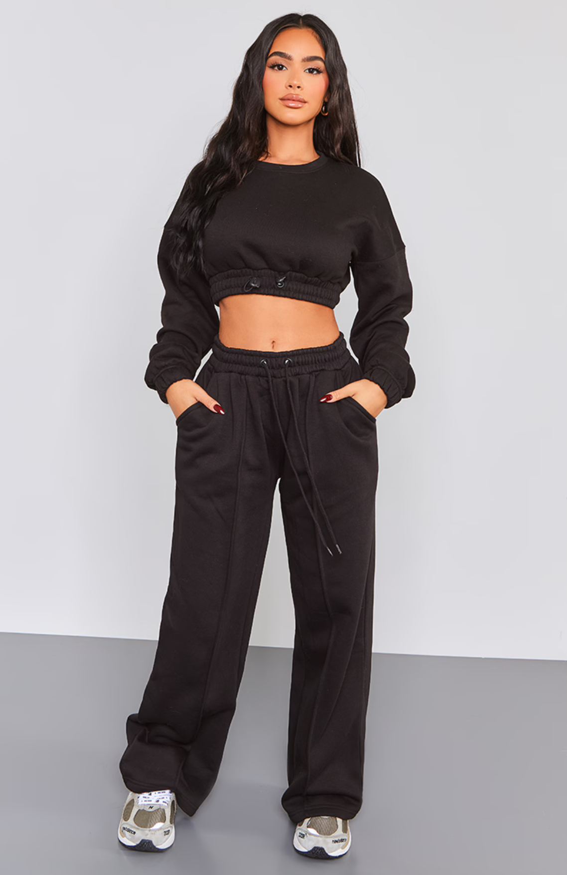 Cropped Elasticated Detail Sweat Top - Black