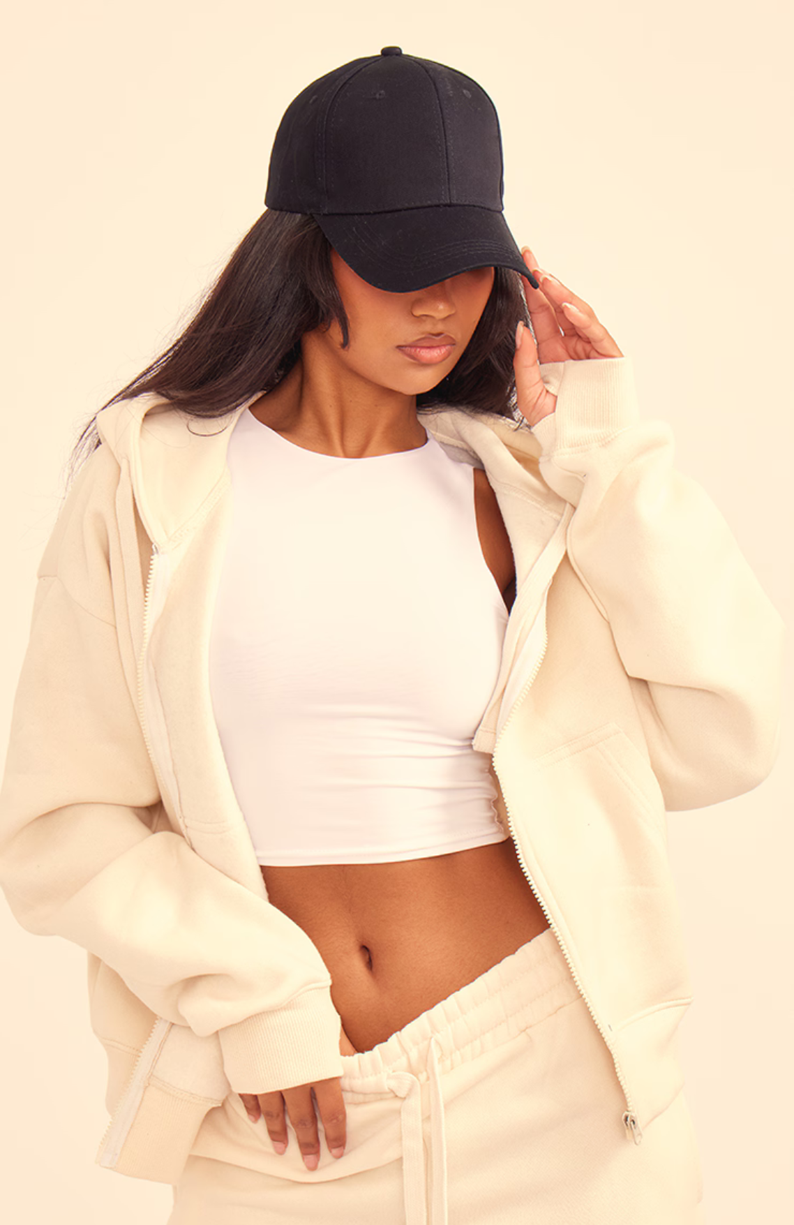 Cream Oversized Hooded Zip Up Sweatshirt Set