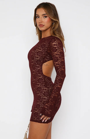 Elara Long Sleeve Lace Mini Dress Burgundy