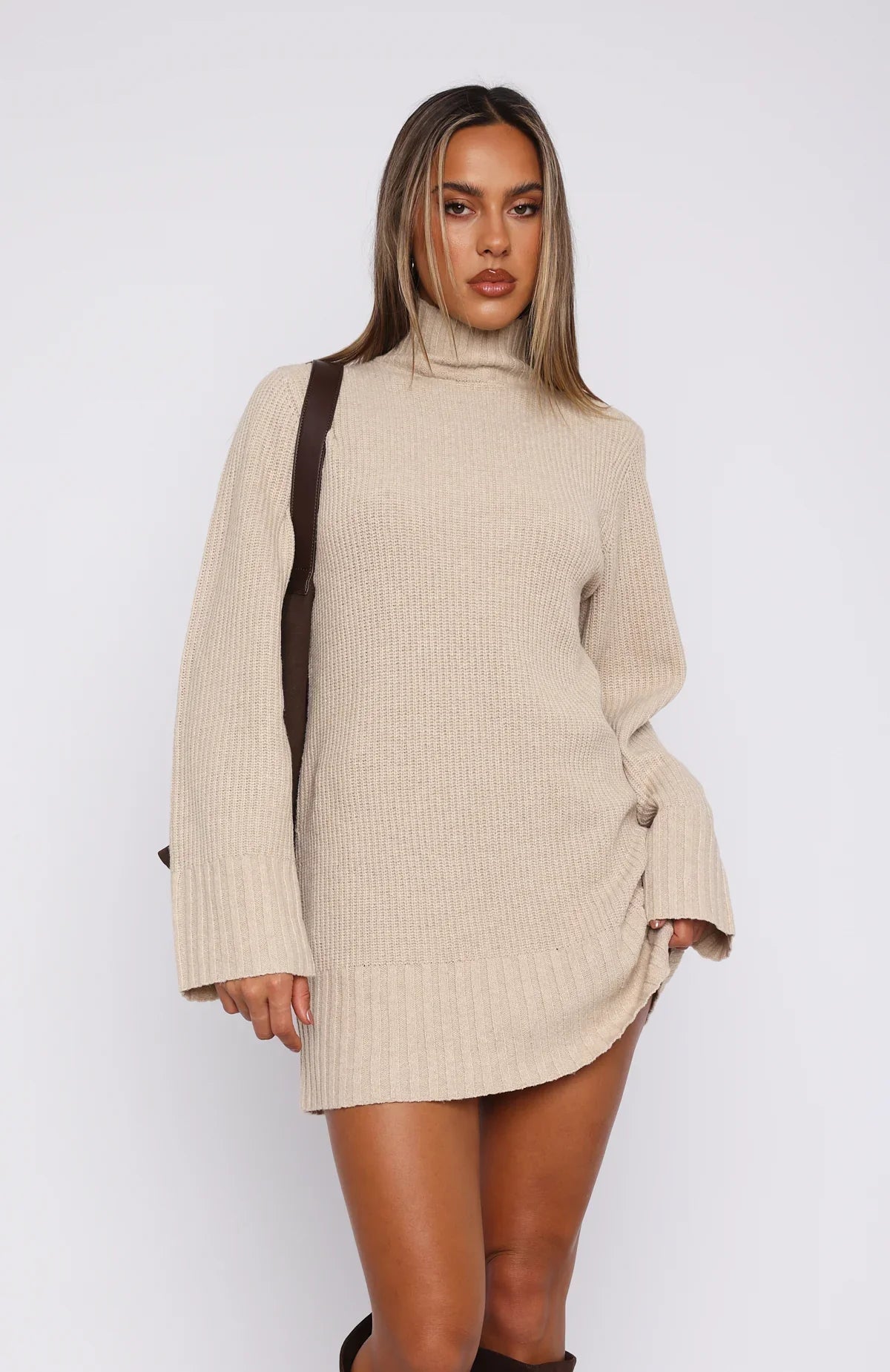 Amelia Long Sleeve Knit Dress Stone