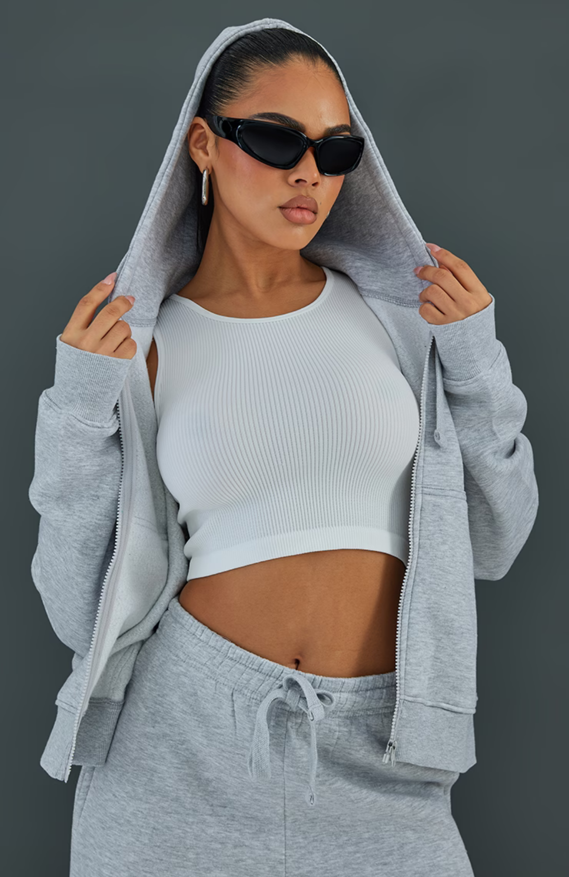 Ash Grey Oversized Hooded Zip Up Sweat Hoodie Set