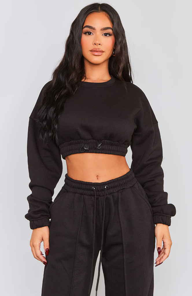 Cropped Elasticated Detail Sweat Top - Black