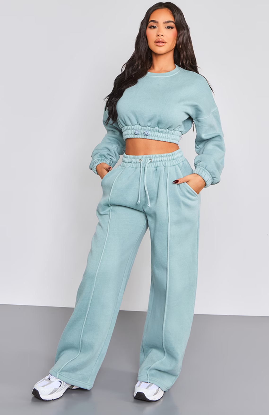 Cropped Elasticated Detail Sweat Top - Teal