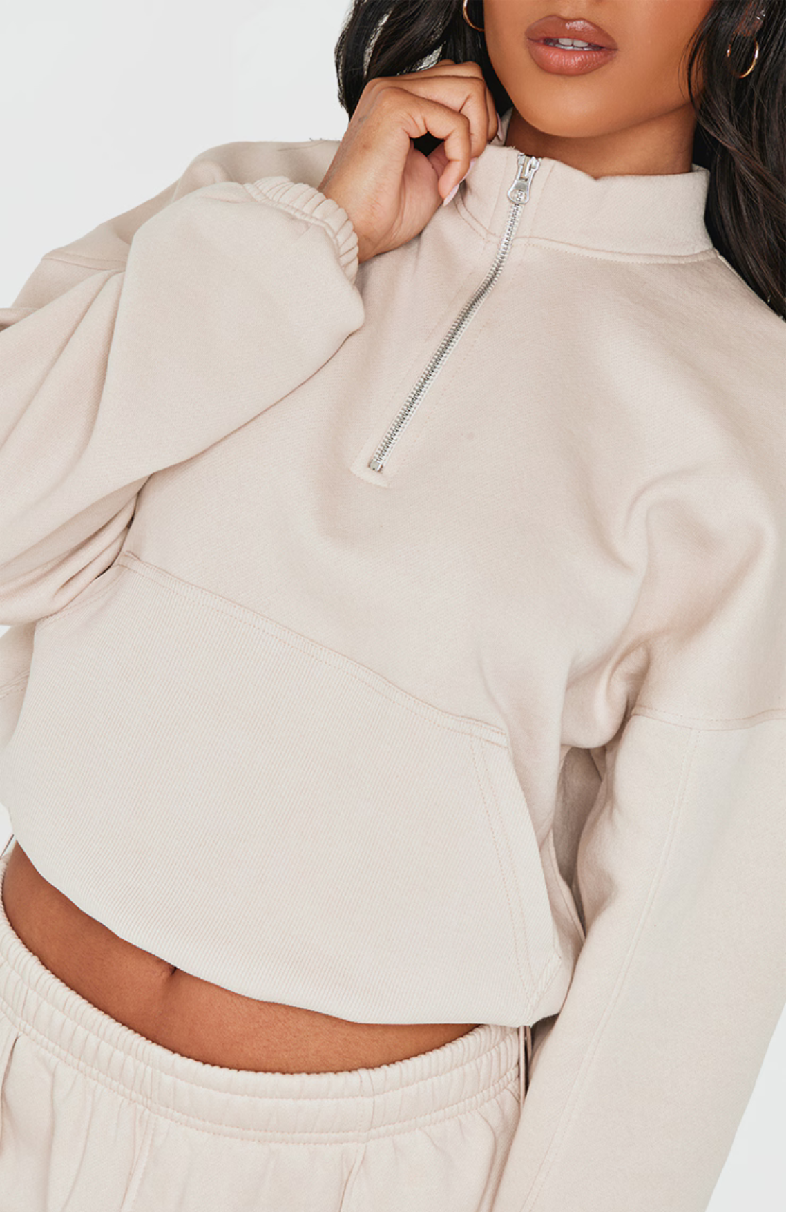 Beige Rib Pocket Seam Detail Half Zip Sweatshirt Set