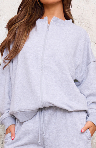 Oversized Zip Up Sweatshirt Set - Grey Marl