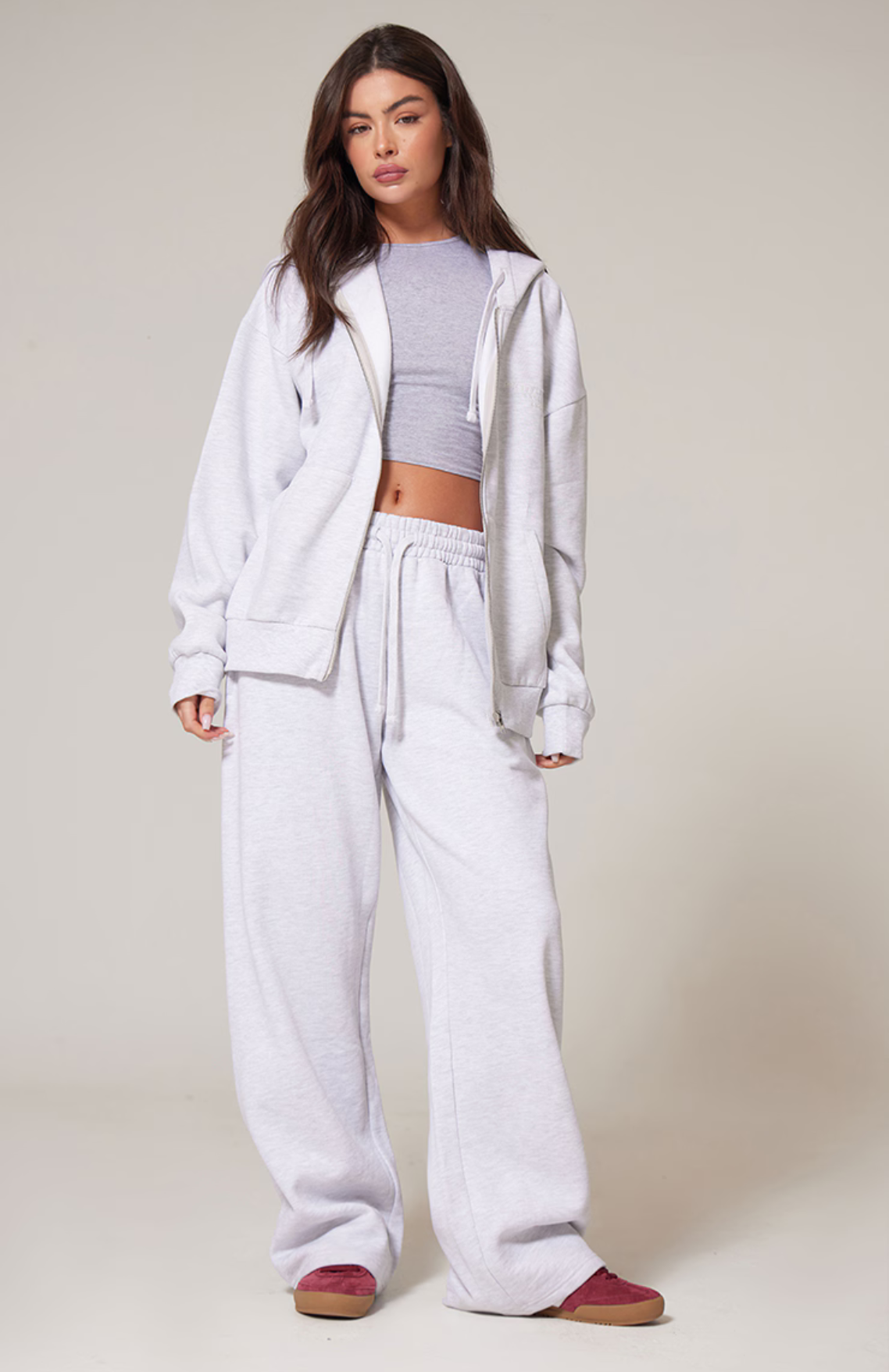 Premium Embroidered Zip Front Oversized Hoodie Set - Ash Grey