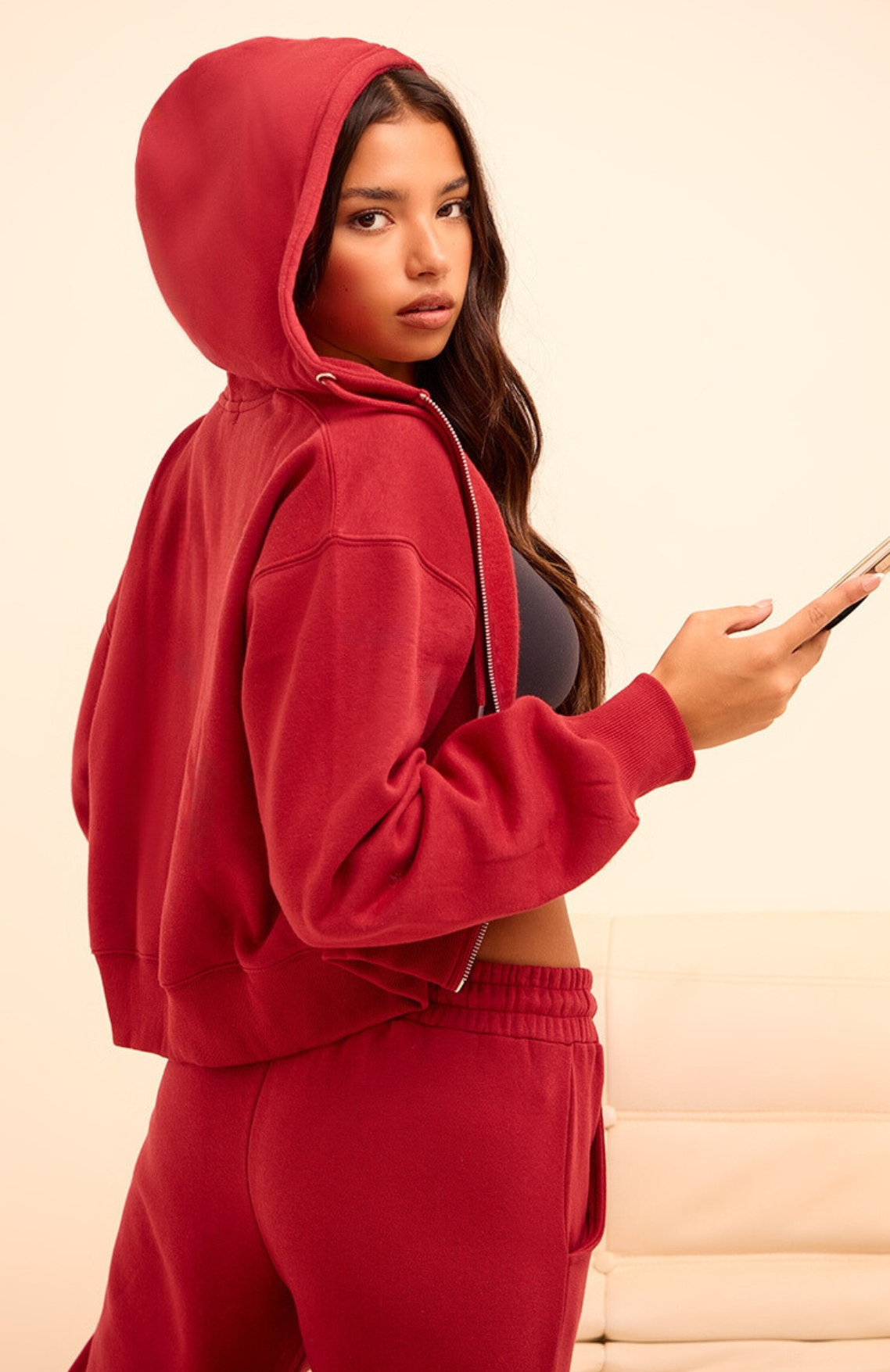 Premium Zip Up Hoodie Set - Cherry Red