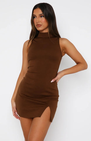 Calliope High Neck Mini Dress Chocolate