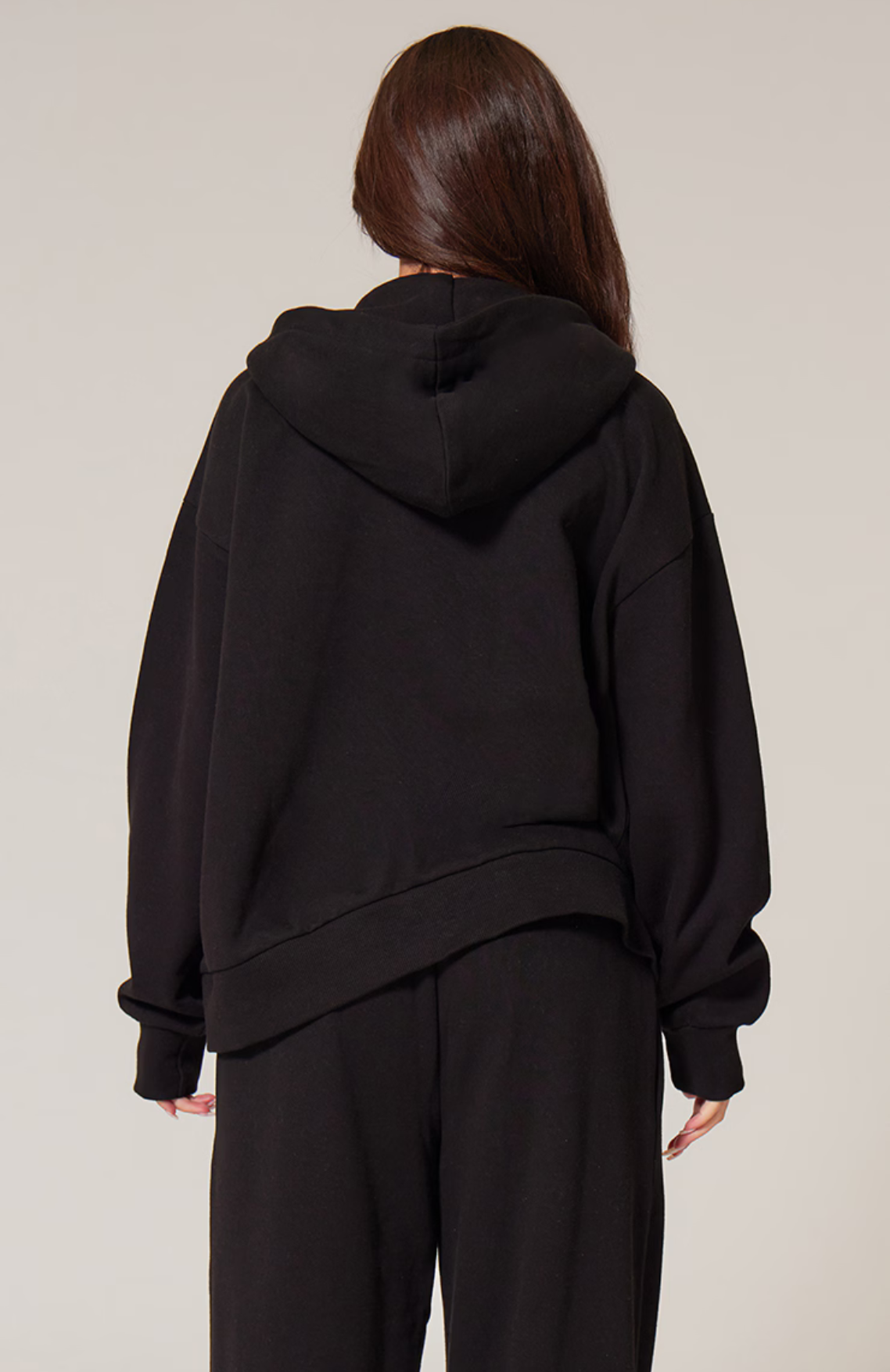 Premium Embroidered Zip Front Oversized Hoodie Set - Black