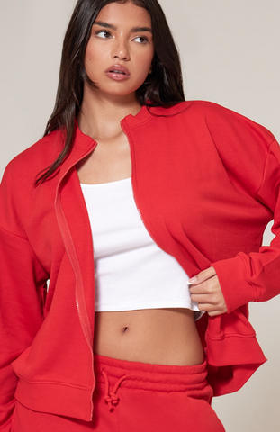 Oversized Zip Up Sweatshirt Set -Red