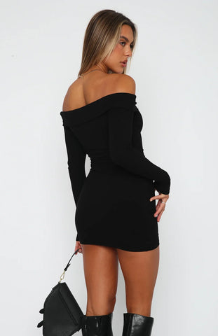 Long Sleeve Ribbed Mini Dress Black