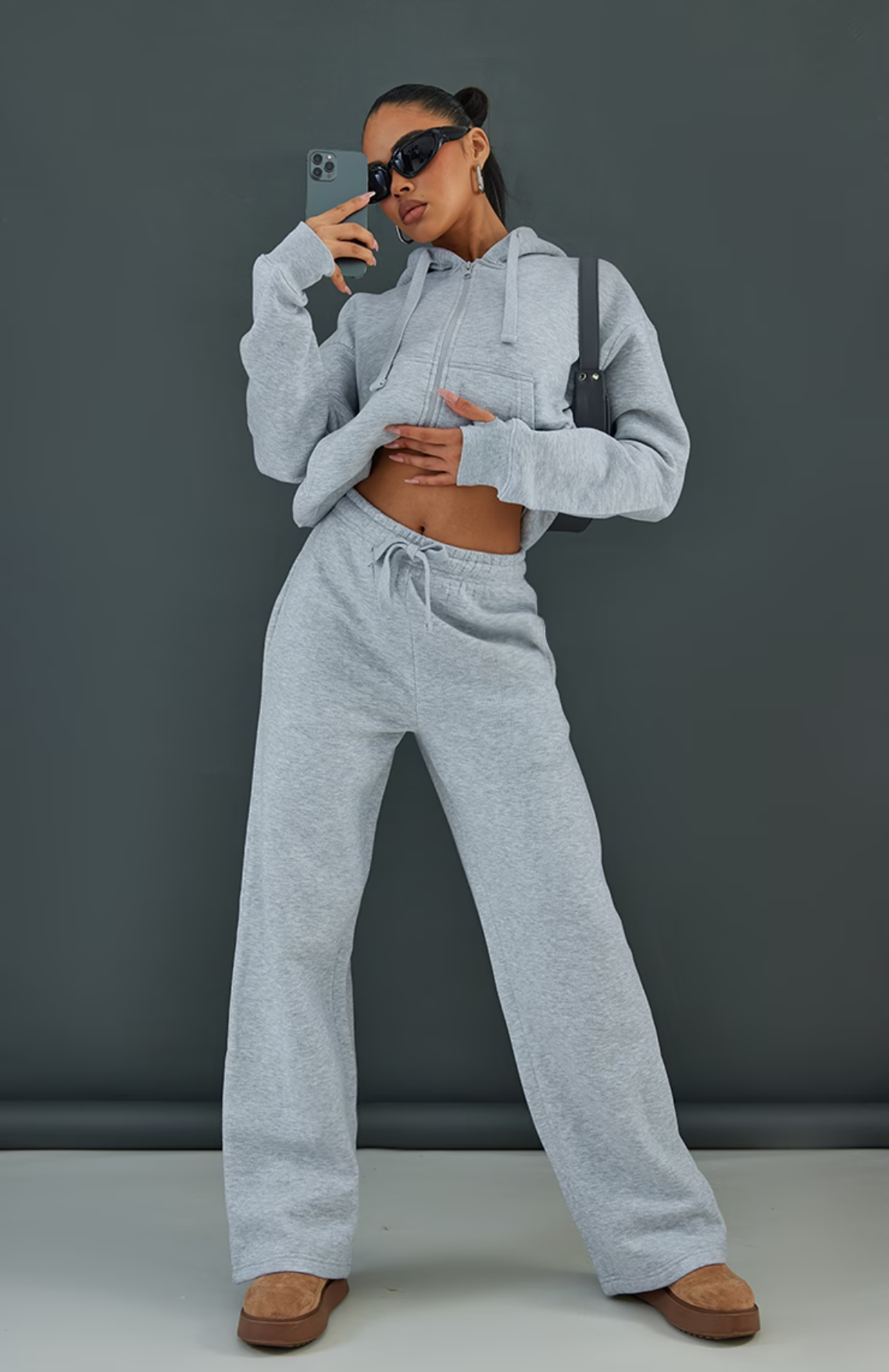 Ash Grey Oversized Hooded Zip Up Sweat Hoodie Set