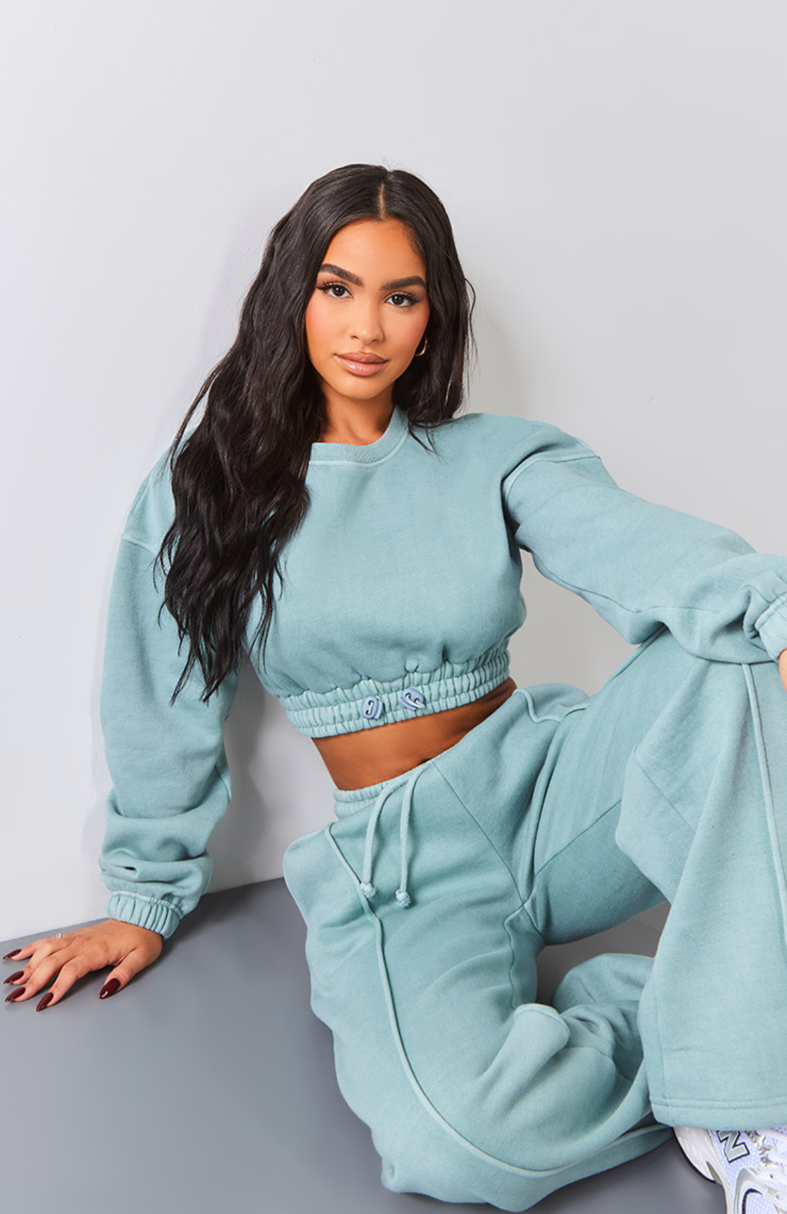 Cropped Elasticated Detail Sweat Top - Teal