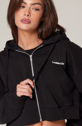 Premium Print Zip Front Hoodie Set - Black