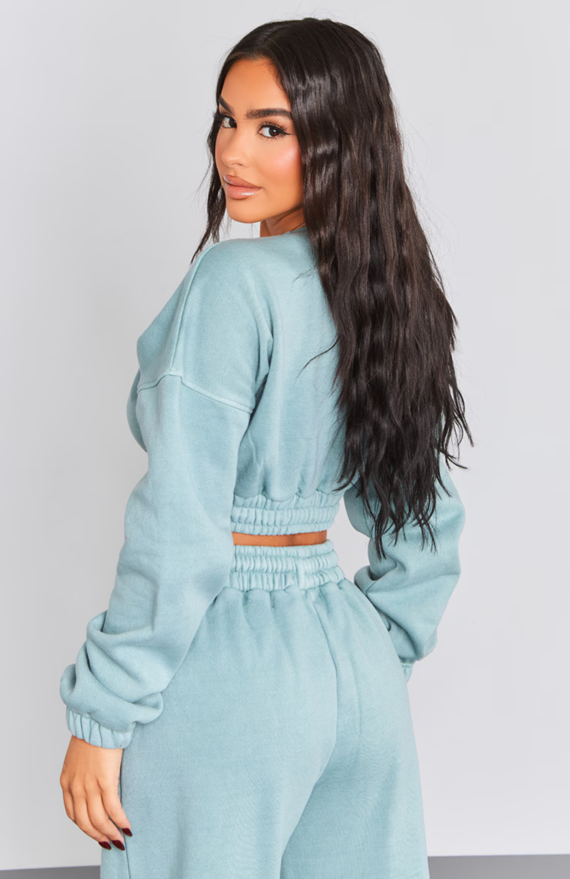 Cropped Elasticated Detail Sweat Top - Teal