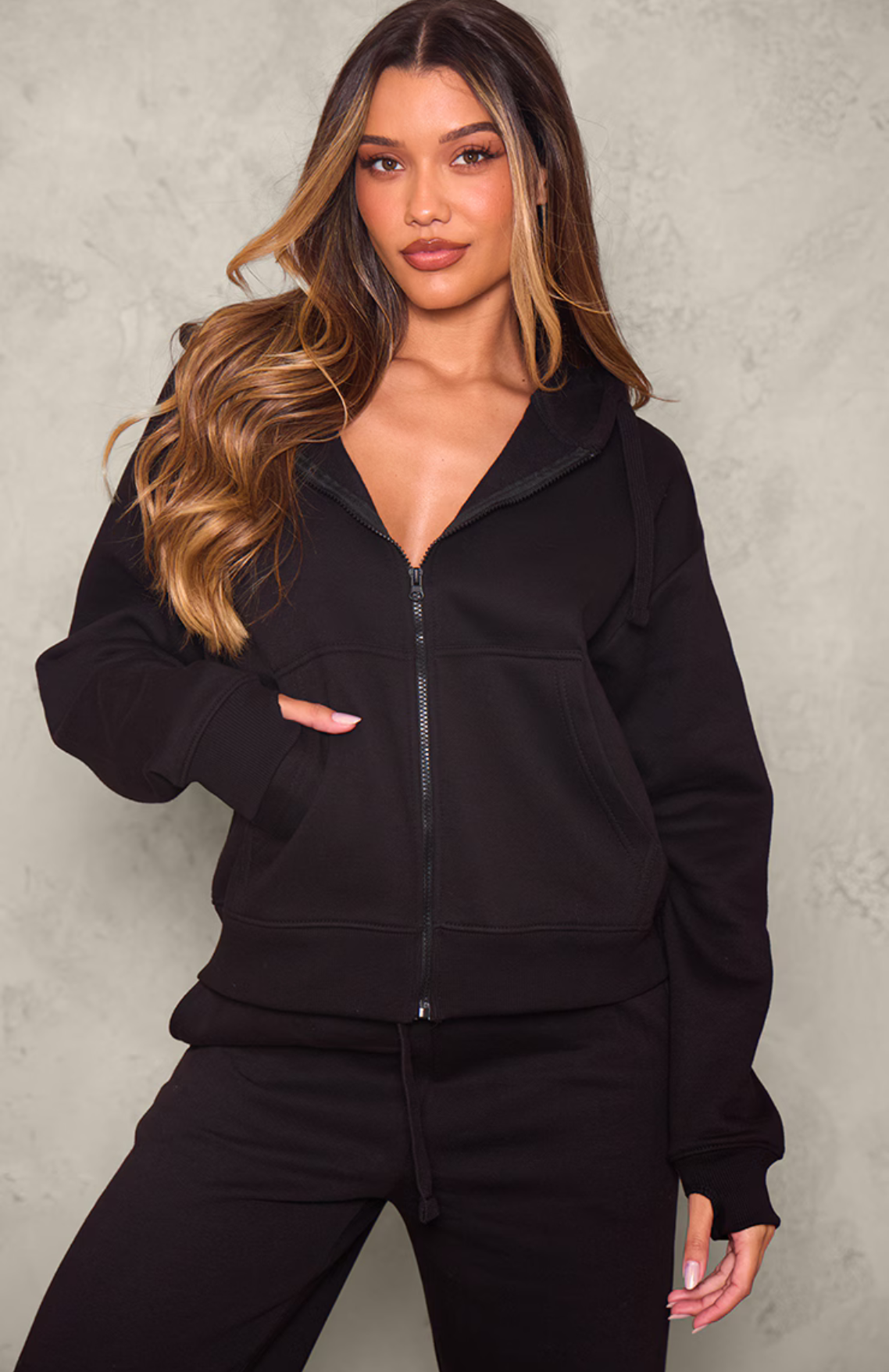 Black Oversized Hooded Zip Up Sweat Hoodie Set