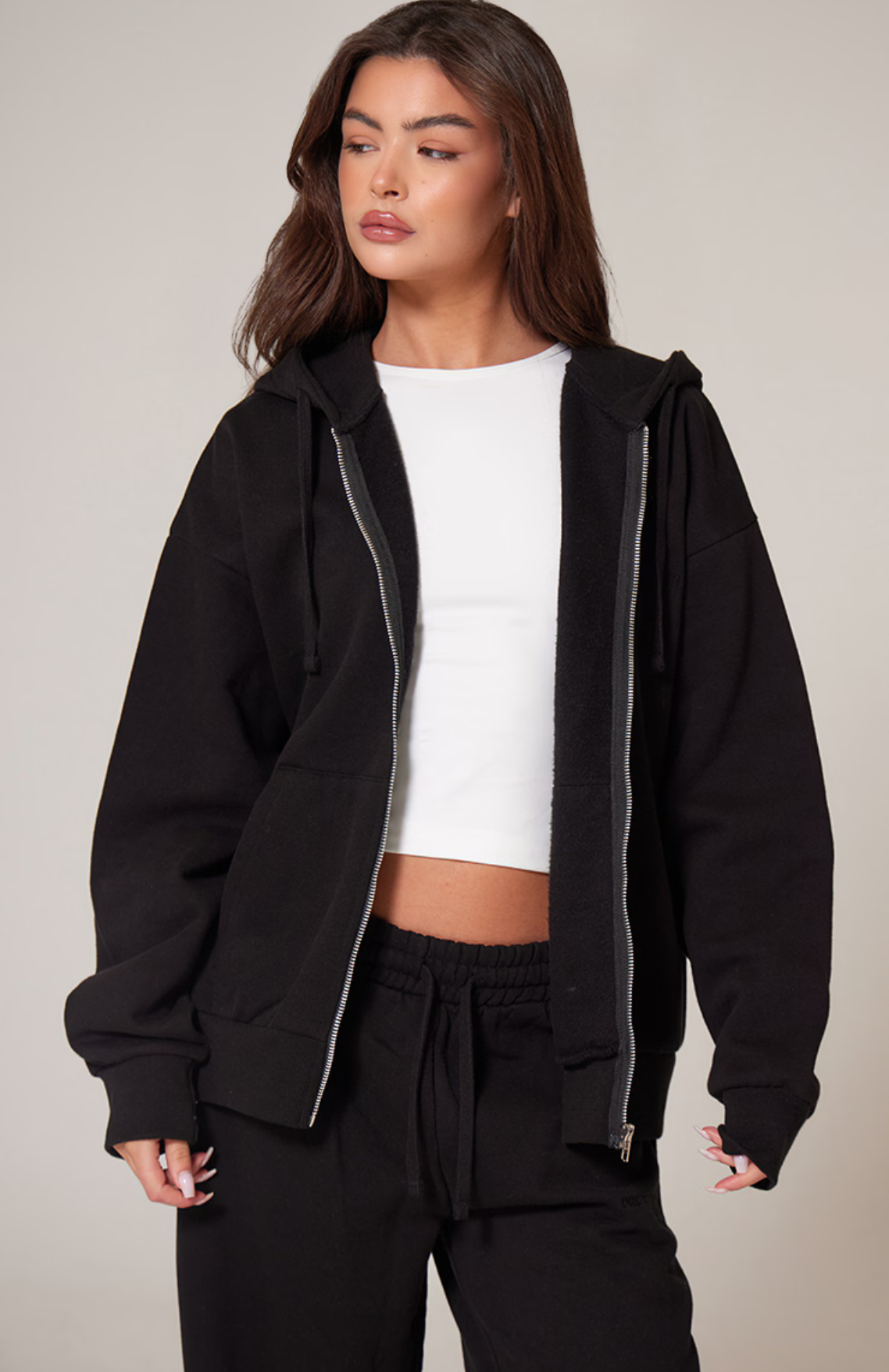 Premium Embroidered Zip Front Oversized Hoodie Set - Black