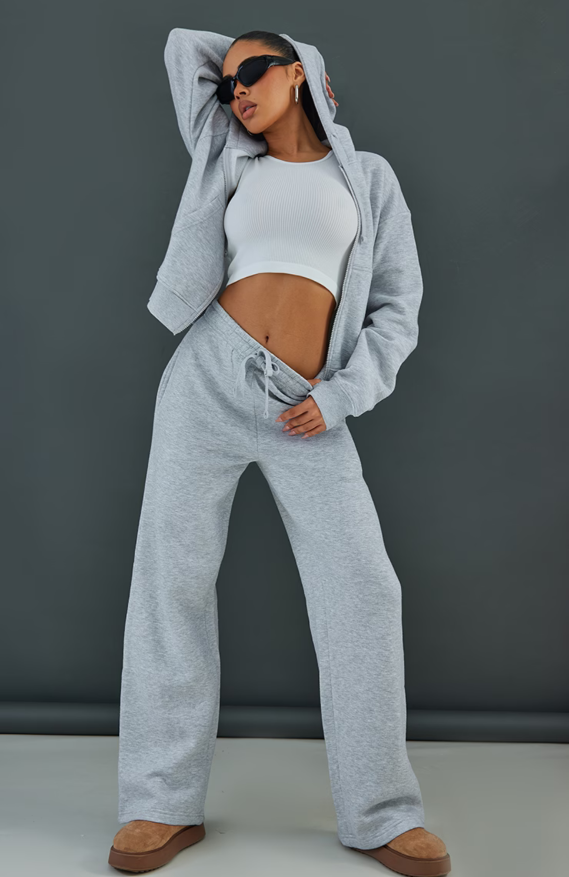 Ash Grey Oversized Hooded Zip Up Sweat Hoodie Set