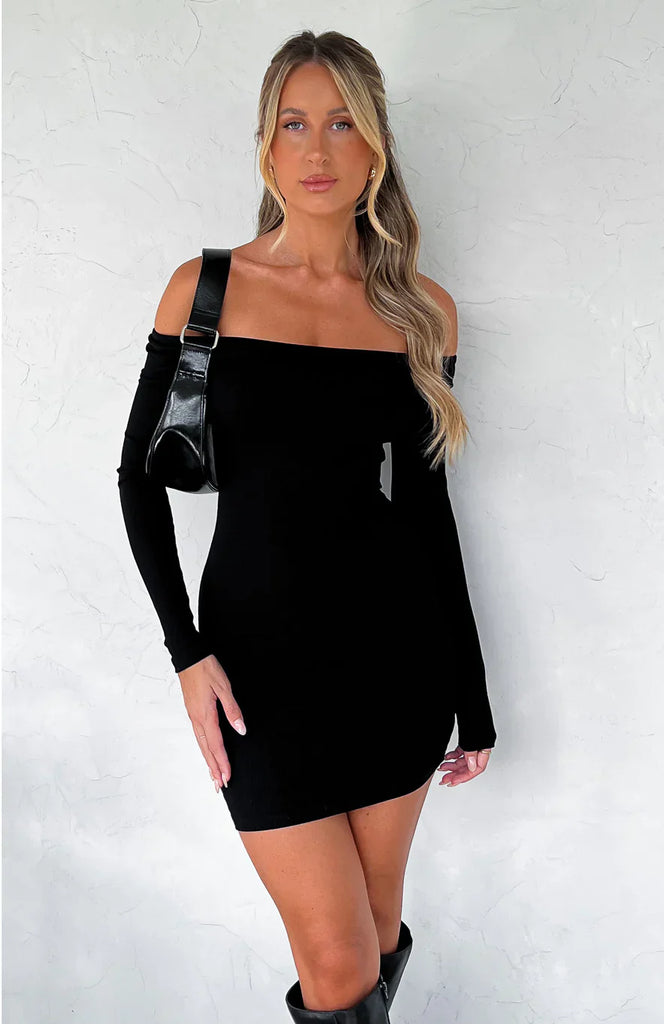 Long Sleeve Ribbed Mini Dress Black