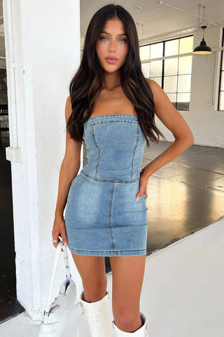 Celeste Mini Denim Dress - Blue