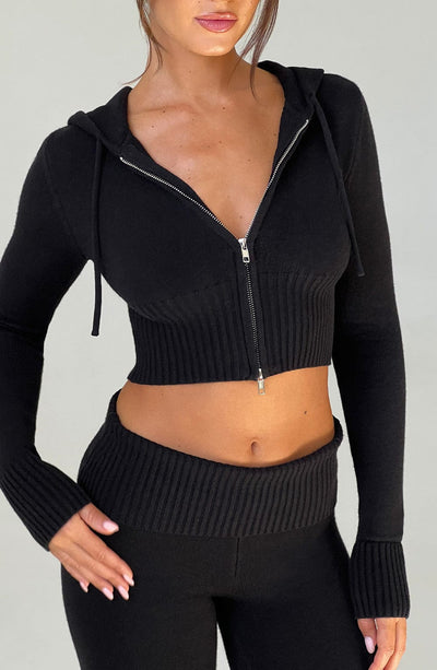 Aria Knit Hoodie Set - Black