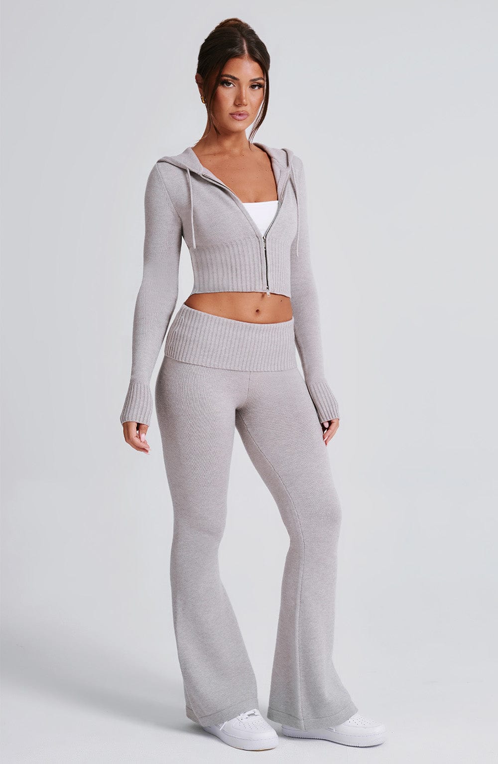 Aria Knit Hoodie Set - Light Grey Marl