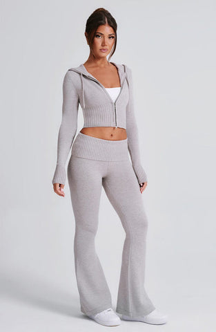 Aria Knit Hoodie Set - Light Grey Marl