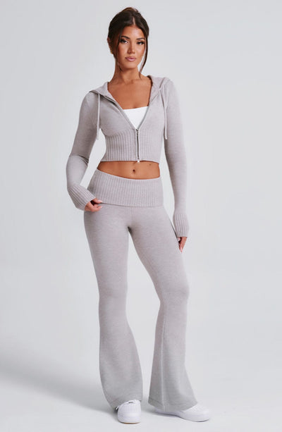 Aria Knit Hoodie Set - Light Grey Marl