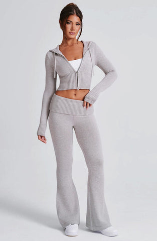 Aria Knit Hoodie Set - Light Grey Marl