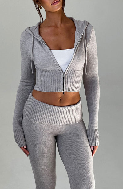 Aria Knit Hoodie Set - Light Grey Marl