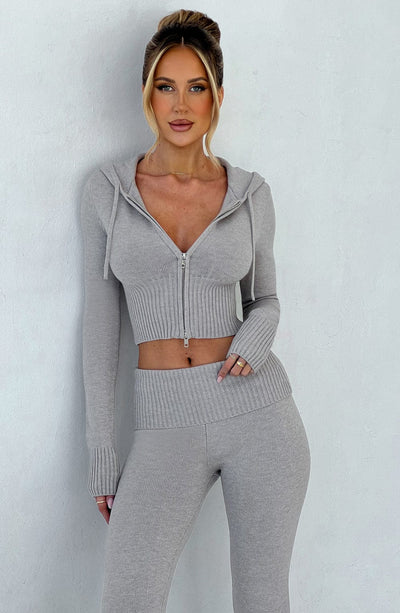 Aria Knit Hoodie Set - Light Grey Marl